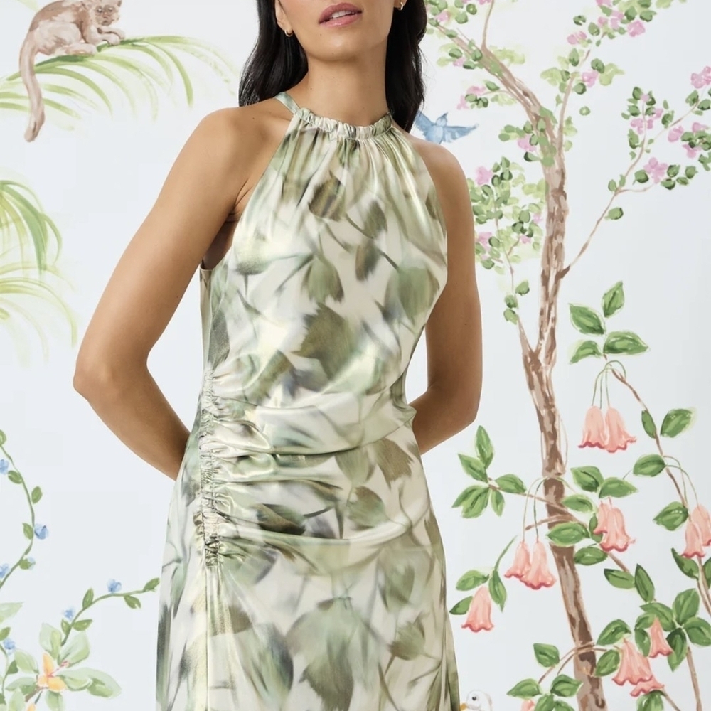 *New* Maggy London Green Leaf Metallic Print Halter Dress